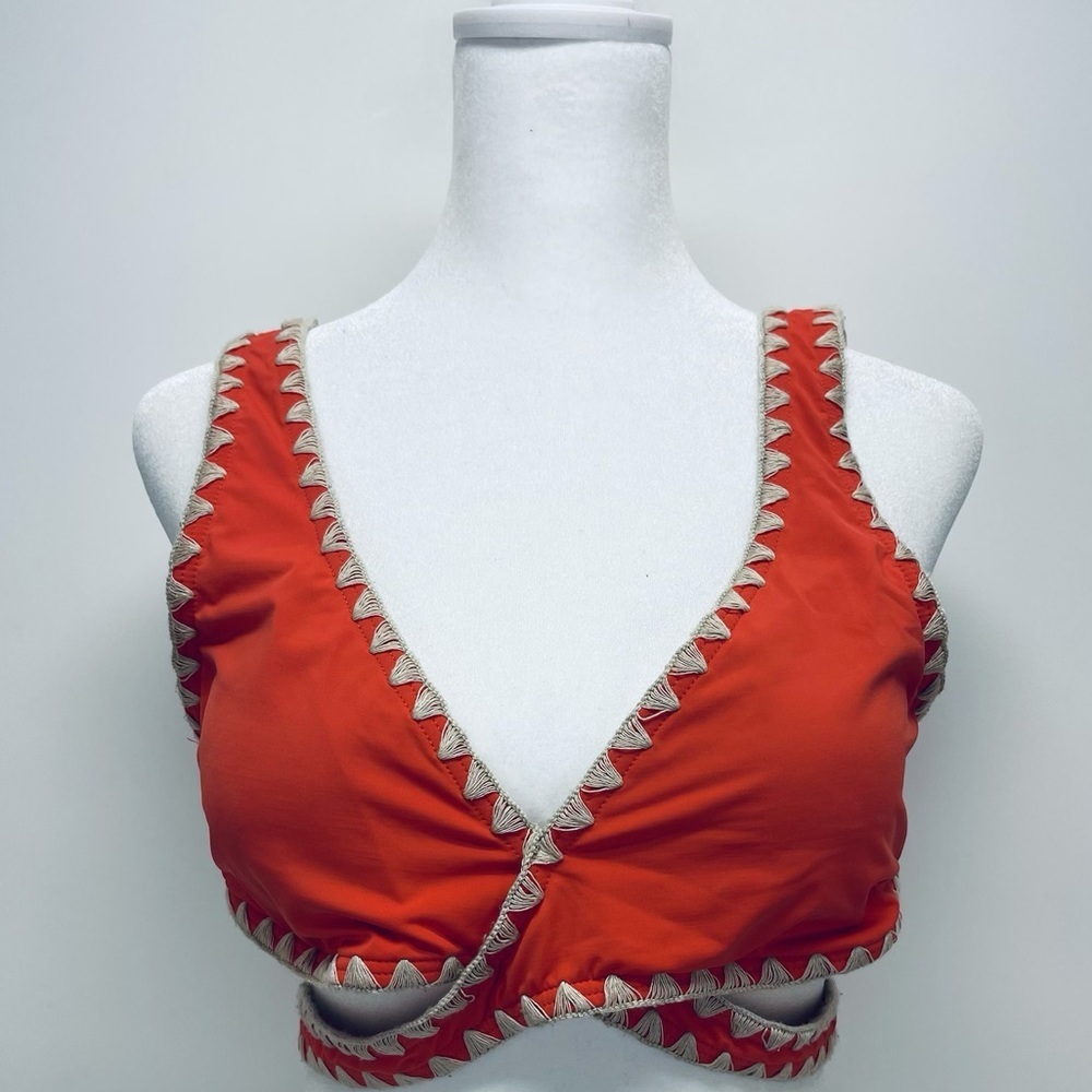 Lucky Brand Womens Bikini Top Crisscross Banded Embroidered Hem Orange Size L